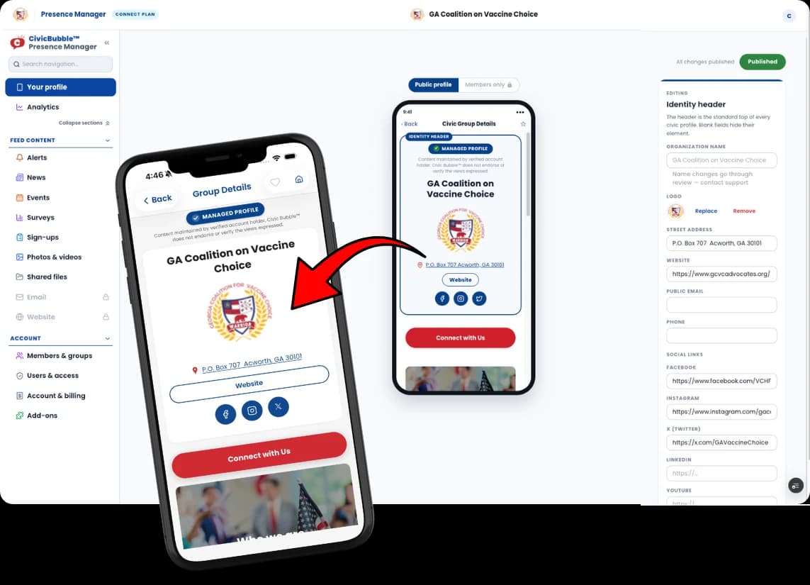The Presence Manager™ page editor with the organization's page on a phone