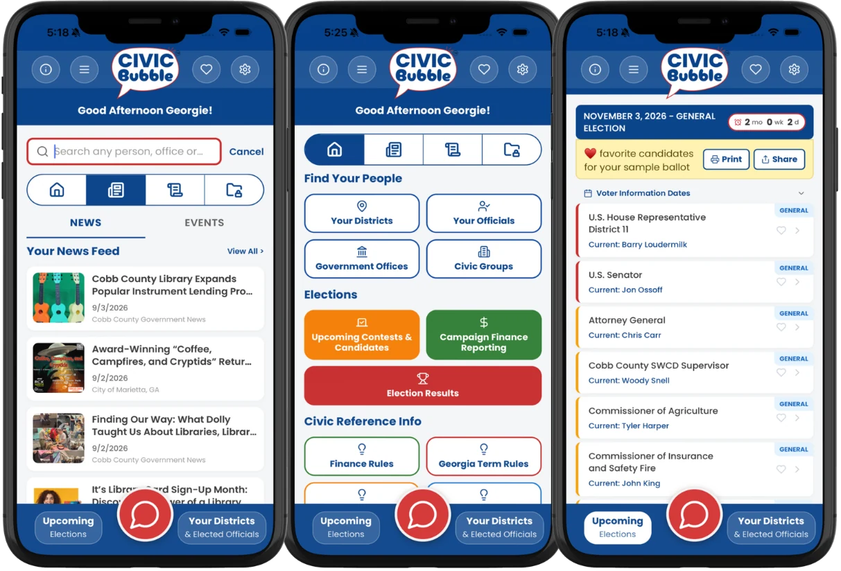 The CivicBubble app: your news feed, home screen, and sample ballot