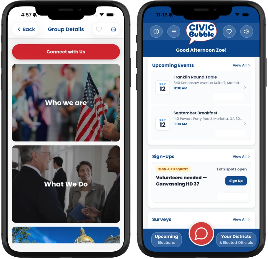 A civic group's page in the CivicBubble app, and a member's home screen with the group's events and sign-ups