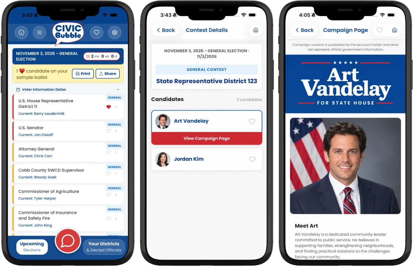 Three views of a campaign page in the CivicBubble app