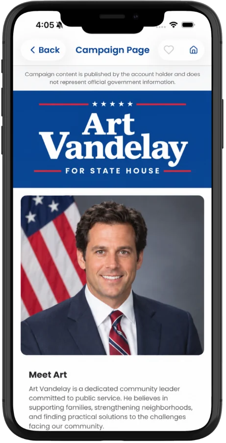A campaign page in the CivicBubble app
